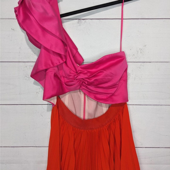 AMUR Cleopatra Pleated One Shoulder Ruffle Maxi Dress Pink Red Women's Size 2 - Picture 5 of 16